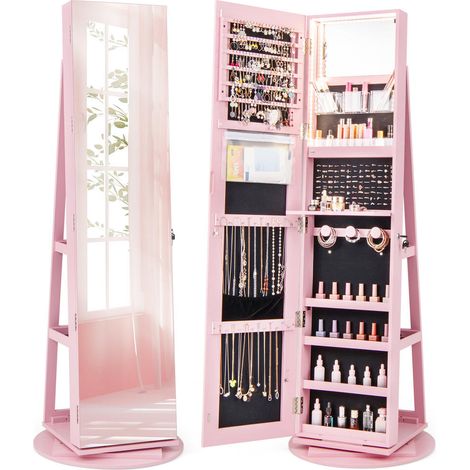 Design Pivotant 360° Armoire à Bijoux avec Miroir LED 3 Couleurs et Serrure pour Chambre Rose (1/5)