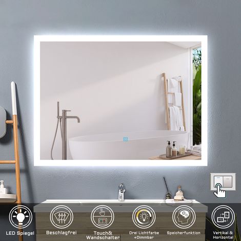 Badspiegel mit Beleuchtung Badezimmerspiegel Wandspiegel Anti-Beschlag Wasserdicht Wandmontagespiegel Lichtspiegel 80 x 60 cm LED Spiegel+Beschlagfrei+3 Lichtfarben Dimmbar+Farbtemperatur und Helligke