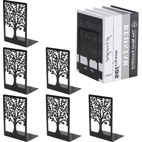 6er-Pack Buchstützen aus Metall, Buchablage mit rutschfestem Buchstopper, Lebensbaum-Motiv, Buchstützenhalter, Buchstopper, Buchhalter für Schule, Zuhause, Büro, Bibliothek (1/5)