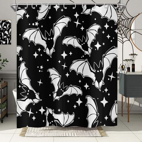 Halloween-Duschvorhang, 180 x 180 cm, Fledermäuse, schwarz-weiß, gotischer Stil, Gruselatmosphäre, Halloween-Thema, Badezimmervorhang, wasserdicht, Polyester, maschinenwaschbar (1/5)