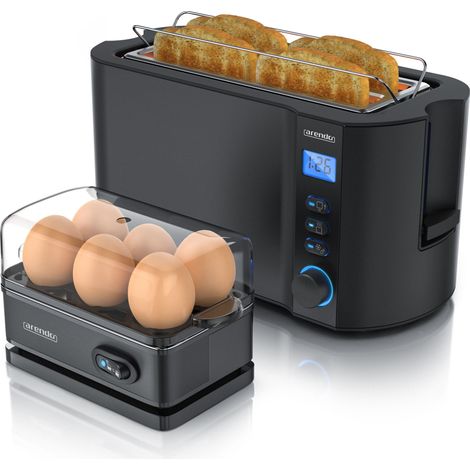 Arendo - Set Toaster MANHA mit Eierkocher SIXCOOK Edelstahl Schwarz, Toaster 4 Scheiben, LED-Display, 6 Bräunungsgrade, Brötchenhalter - Eierkocher (1/5)