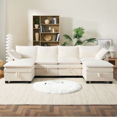 Sofá esquinero modular de pana 280 x 152 x 83 cm beige DESVIAE (1/5)
