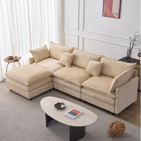 Divano angolare 3 posti 267x154x85 cm con pouf mobile, tessuto ciniglia e struttura in legno - marrone chiaro (1/5)