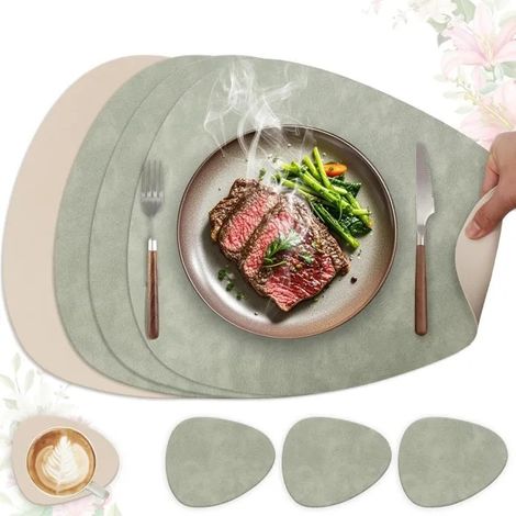 Set de Table Lavable Antidérapant, Lot de 4 en Cuir PU Double Face, Décoration Cuisine Cadeau, O - Vert Clair + Beige Ovale Lot de 4 (1/5)