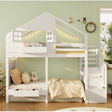 Cama litera infantil 90x200 cm con almacenaje, ventana, pino macizo y MDF, blanca, OKWISH (1/5)