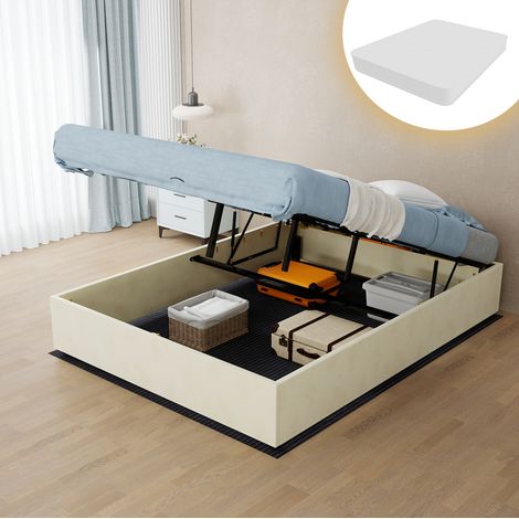 Bett minimalistisch modern aus beigem Stoff und Metall 140x200 cm, ohne Kopfteil, Bettgestell inklusive (1/5)