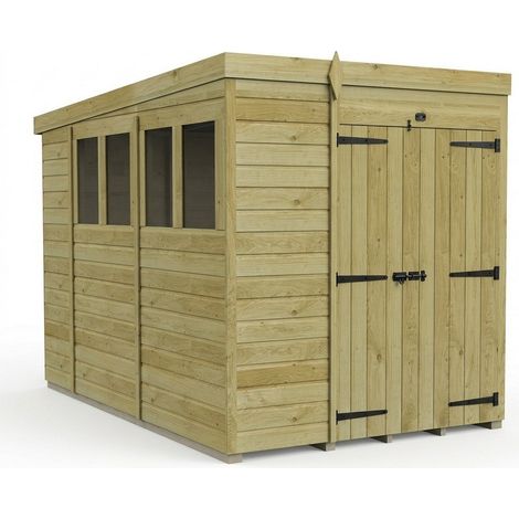 6ft x 10ft Pent Garden Shed Double Door With Windows - Pressure Treated Timber - L183 x W305 x H210 cm - Natural