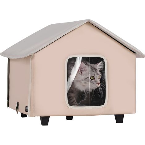 Maison Chat Surélevée Chauffante, Niche Chat Extérieur avec Coussin Chauffant, Température Réglable, Minuterie, Abri Hiver pour Chats Pliable en Tissu Oxford 600D pour Rester au Chaud, Marron, M (1/5)