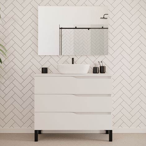 Meuble de salle de bain 100cm avec plateau et vasque à poser zeus - 3 tiroirs - blanc - MATA (1/5)