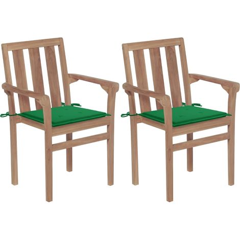 Gartenstühle 2 Stk. mit Grünen Kissen Teak Massivholz