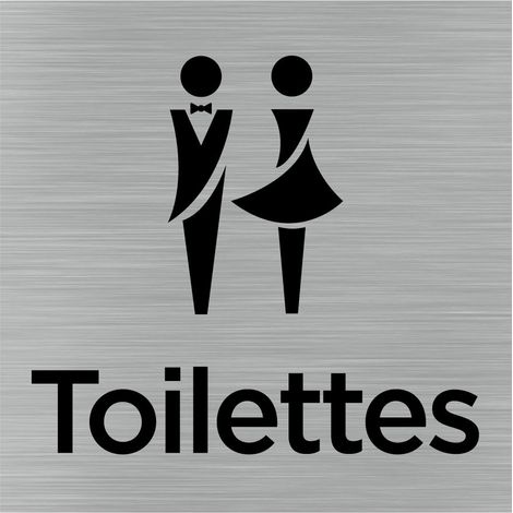 Pictogramme Toilettes Hommes et Femmes (Q1054). Signalisation Porte 150 x 150 mm. Autocollant souple ou plaque alu brossé 2 mm ep. - Adhésif aspect aluminium brossé (1/5)