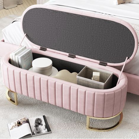Banc coffre capitonné en velours rose 120 x 40 cm avec pieds métalliques, REDOM (1/5)