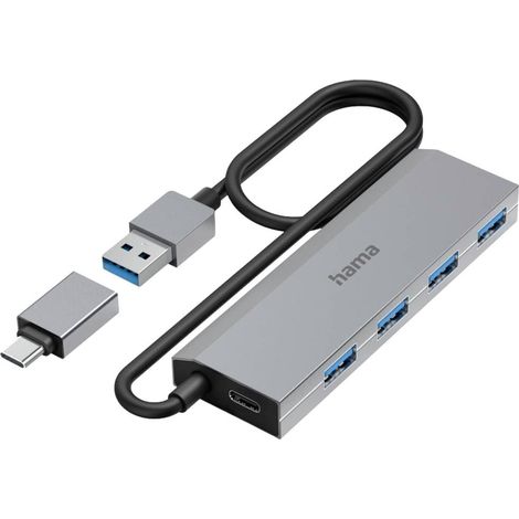 Hub USB 3.0 Hama 4 ports avec fiche mâle USB-C gris (1/4)