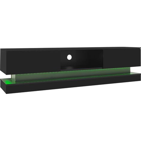 CAIziMeuble bas TV 160×35×40,5 cm noir brillant LED, 2 tiroirs pour 60 pouces (1/5)