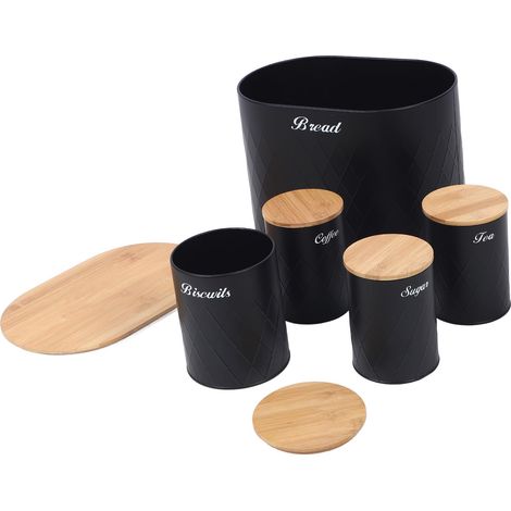 Brotkasten mit passendem Dosen-Set für die Küchenarbeitsplatte, Aufbewahrungsbehälter aus Eisen, Kekse, Tee, Kaffee, Zucker, Holzdeckel, schwarz. (1/5)