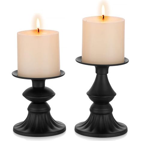 Juego de 2 portavelas cilíndricos - Negro mate - Portavelas vintage para mesa de centro de comedor, sala de estar, Halloween, Acción de Gracias, decoración del hogar (1/4)