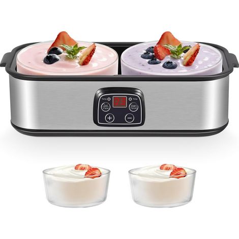 Yaourtière 2 l, yaourtière avec écran LED et 2 récipients en verre de 1000 ml, yaourtière avec température et minuterie réglables, yaourtière pour yaourt bio, fromage, natto, desserts sains (1/5)