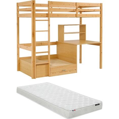 Lit mezzanine 90 x 200 cm avec bureau, sofa convertible et rangements - Pin et MDF – Coloris : Naturel  + Matelas - GOLIATH III (1/5)