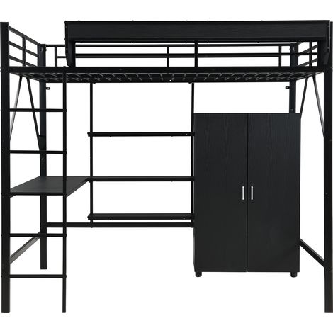 Cama alta de metal y MDF negro 140x200 cm con escritorio armario y almacenaje HOMVRA (1/5)