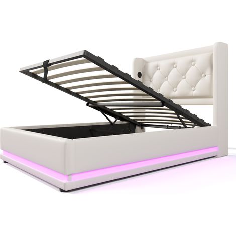 Letto Contenitore Singolo con USB, Tipo C e LED Regolabile 90×200 cm, senza Materasso, in PU Bianco (1/5)