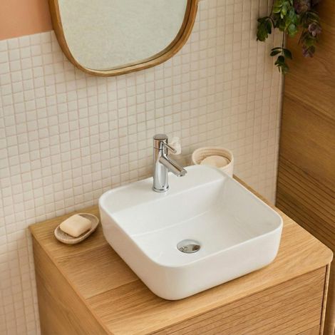 Lavabo sobre encimera de cerámica blanca cuadrada CLARA de 39 cm (1/5)