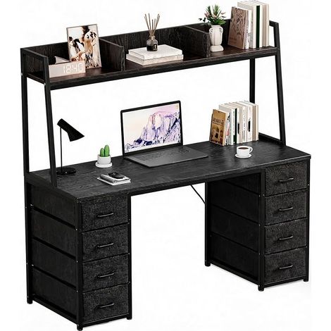 Bureau avec 8 Tiroirs et Étagère, 140×48 cm, Noir