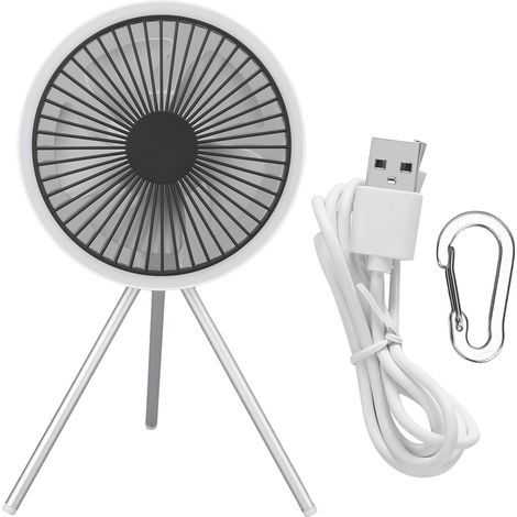 Weißer, tragbarer Campingventilator mit abnehmbarem Stativ, 3 einstellbaren Geschwindigkeitsstufen, Timer, USB-Ladeanschluss, ideal für den Einsatz im Freien (1/5)