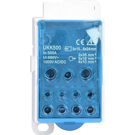 Boîte de jonction à bornes UKK500 C45 690 V 500 A unipolaire pour alimentation sur rail, bleue