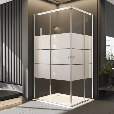 Duschkabine 75x75 cm Eckeinstieg mit Schiebetüren, Duschabtrennung Doppel Schiebetür 6mm ESG Glas mit weißen Querstreifen-Dekor, Über Einer Duschwanne Oder Fliesen Montiert, Höhe 185cm