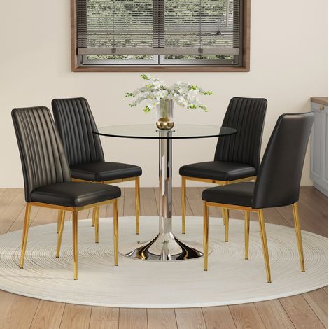 Ensemble table à manger ronde en verre 85 cm avec 4 chaises en PU noir, métal (1/5)