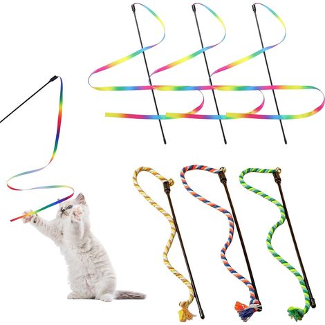 Lot de 6 Jouets pour Chat, Baguette Interactive, Baguettes pour Chat, Jouet De Dressage pour Chat, Jouet Interactif d'Intérieur avec Corde Colorée (1/5)