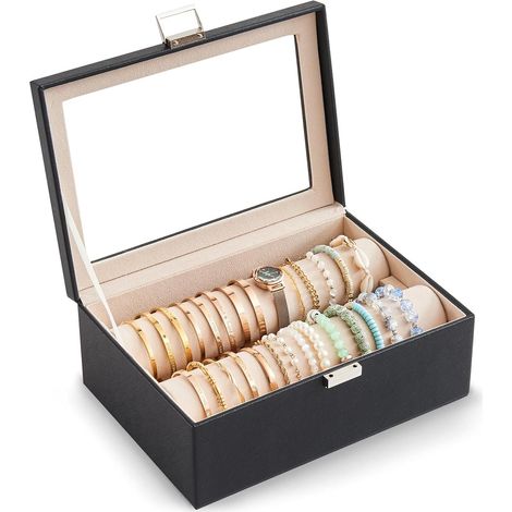 Organizador de pulseras, soporte para exhibir pulseras, joyero, caja de almacenamiento con ruedas para pulseras y relojes, estuche con tapa transparente para mujeres y niñas, negro (1/5)