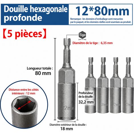 Lot de 5 douilles hexagonales profondes 12x80 mm pour clé à chocs et visseuse 12x80 5 18 1 kg – Livraison gratuite