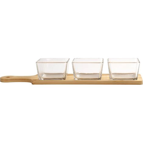 TRADE SHOP - Antipastiera Con 3 Ciotole In Vetro Vassoio Base In Bamboo 40x10cm Per Salse Finger Food -