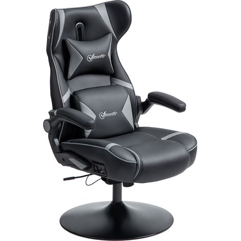 Chaise gaming avec fonction basculante et haut-parleur, lombaire et repose-cou, pour salle de jeux, en faux cuir, gris+noir (1/5)