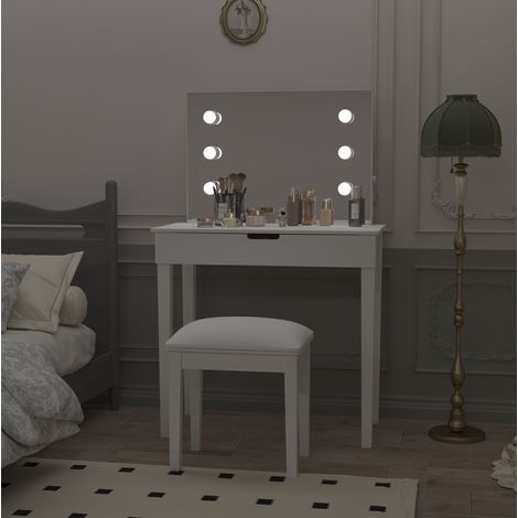 Coiffeuse en MDF blanche avec miroir, 2 tiroirs, tabouret et LED (1/5)