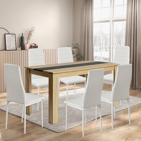 Esstischgruppe 6 Personen rechteckig 160x80cm mit 6 weißen Kunstleder-Stühlen (1/5)