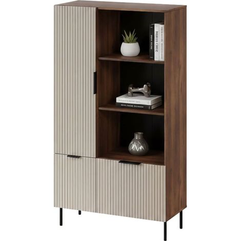 Libreria Mazze, Mobile portalibri con vani aperti e tre ante, Design moderno e minimale, 165x42 h90 cm, Noce e Beige