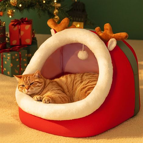 Lit Pour Chat - Caverne Chaude En Tissu Rouge - Forme De Renne De Noël - Dimensions 42x42x34 Cm - Pour Chats Intérieurs Et Chiots - 1 Pièce (1/5)
