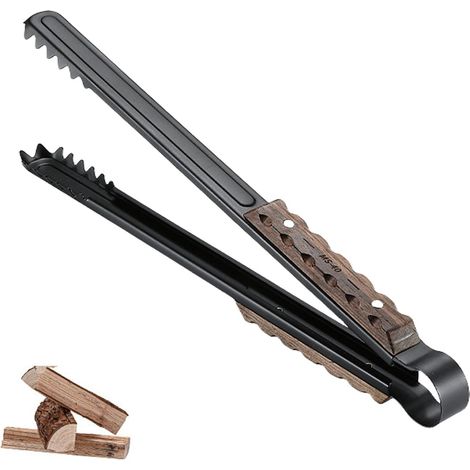 Pince à bûches noire pour feu de camp, pince à charbon pour feu de camp, barbecue, brûleur à bois, accessoires avec main en bois, 40,6 cm de long (1/5)