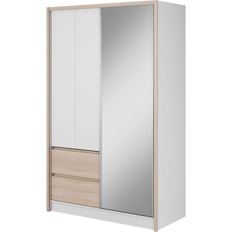 Armario SARA 134 cm puerta corredera, espejo, 2 cajones, blanco mate / roble sonoma