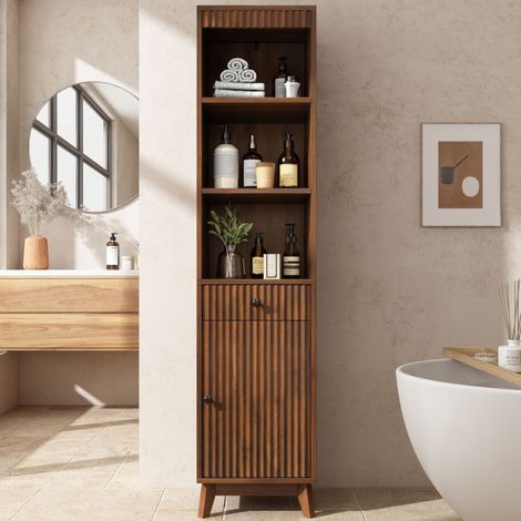 Mueble de baño independiente, 172 cm de altura, con frentes acanalados verticales, puerta reversible (izquierda/derecha), cajón, bisagras de cierre suave, 40 × 36 × 172 cm, acabado en nogal. (1/5)