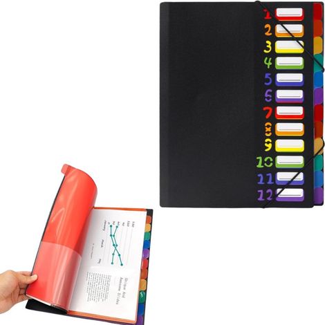 1 pezzo, pieghevole A4, multistrato, organizer per documenti, a fisarmonica, sistema di archiviazione, borsa portadocumenti, impermeabile, 12 scomparti, etichettato, nero, scuola, ufficio, casa (1/5)