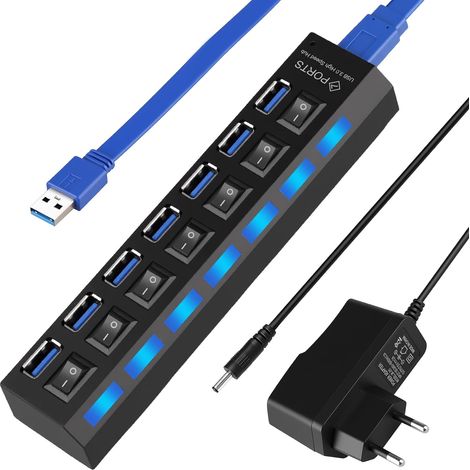 7-Port-USB-Hub mit Stromversorgung – LED-Schalter – USB 3.0 und 2.0 – Für PC, Laptop, Tablet – Schwarz (1/5)