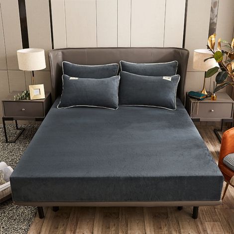 1 Drap-housse, Hiver, Peluche Cachemire, Gris Anthracite, 120x200x25 cm, Matelas Épais (1/5)