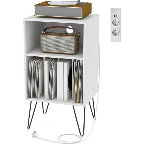 GOPLUS Table d'Appoint avec Station de Charge USB Type C, Armoire de Rangement, Bout de Canapé Bureau,Salon avec Pieds en Métal, 5 Etagère de Rangement Dossier Vinyle, 48 x 40 x 88CM (Blanc) (1/4)