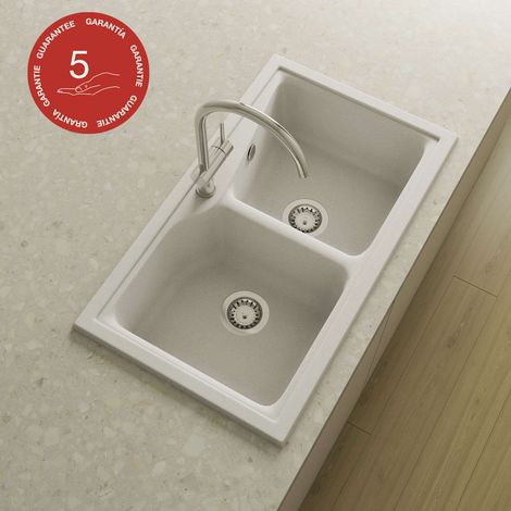 Evier à encastrer POALGI - CITY 322 - Granit - Blanc Snow - 86 cm - 2 bacs (1/5)