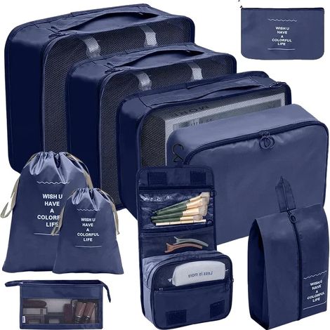 Cubi portaoggetti, set organizer da viaggio, soluzione salvaspazio, 10 pezzi, blu navy (1/2)
