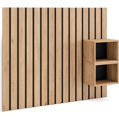 Skraut Home - Cabecero con mesitas - Listones Decorativos - 133x3x107 cm - Cama de 80,90,110 cm - Con almacenamiento - Estilo Moderno - Roble (1/5)
