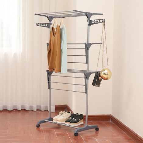 Skecten Tendedero de Ropa Tendedero torre lavadero secadora con alas móvil plegable 3 niveles gris 72x56x152cm